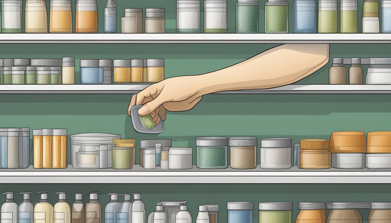 A hand reaches for a field dressing kit on a store shelf