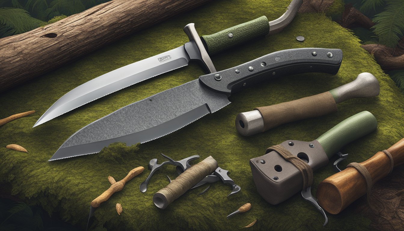 A hunting knife, a gut hook, and a bone saw lay on a mossy log in a forest clearing, next to a multi-tool and a blood-stained cloth