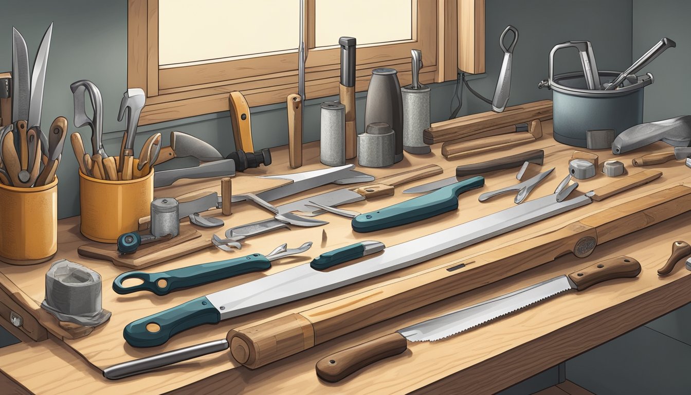 A clean, organized workbench with sharp knives, a bone saw, and other field dressing tools laid out neatly