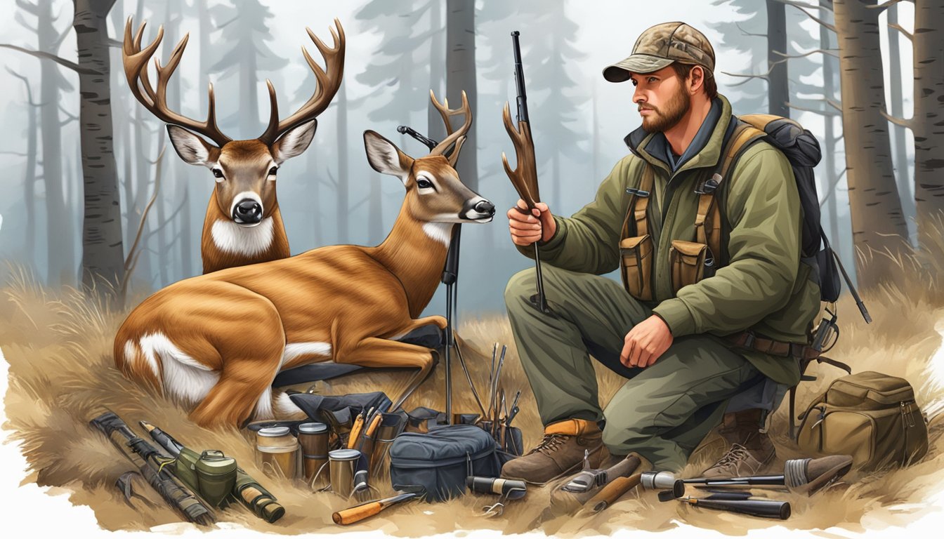 A hunter carefully dresses a deer, surrounded by hunting gear and equipment