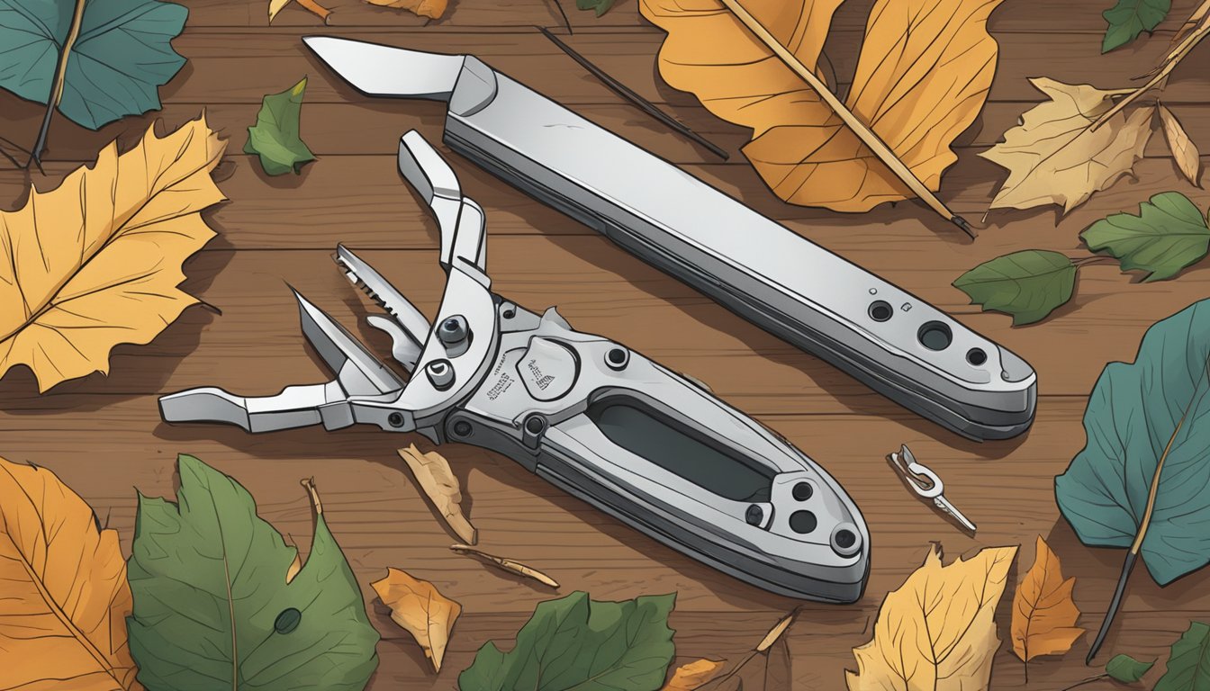 A multi-tool lies open on a wooden table, surrounded by scattered leaves and twigs. A deer carcass is visible in the background