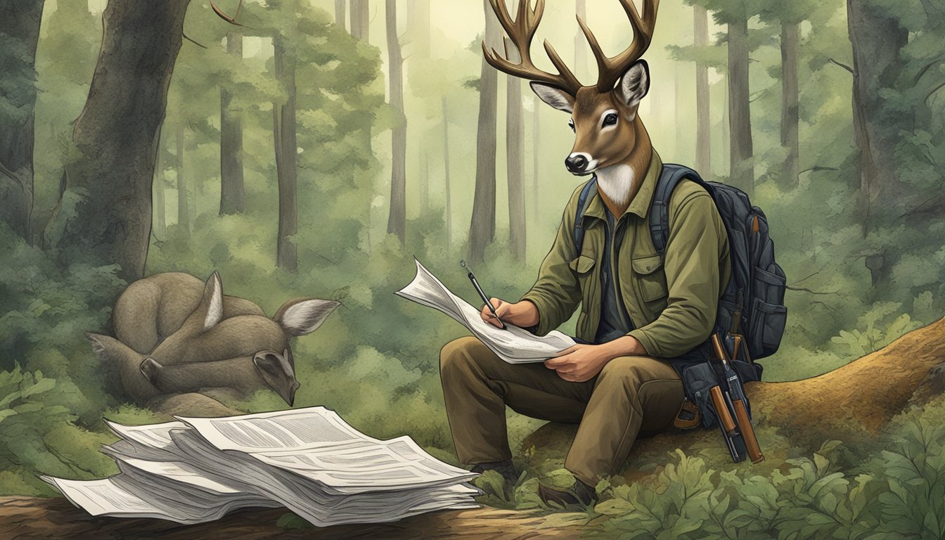 A hunter field dresses a deer, surrounded by forest and legal documents