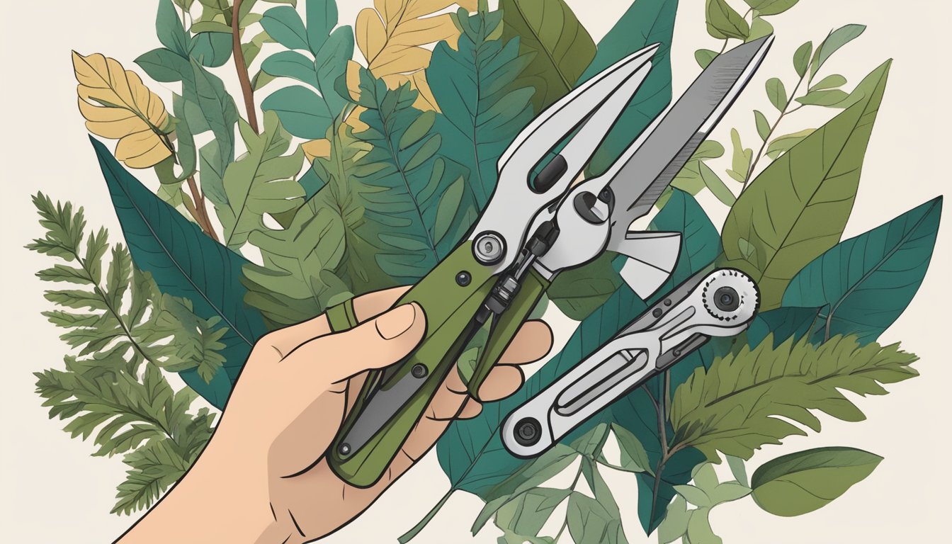 A hand holding a multi-tool with various blades and tools open, surrounded by woodland foliage