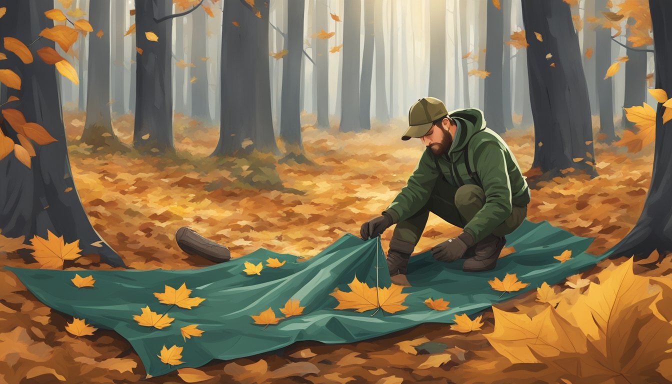 A hunter lays out a field dressing tarp on the forest floor, surrounded by trees and fallen leaves