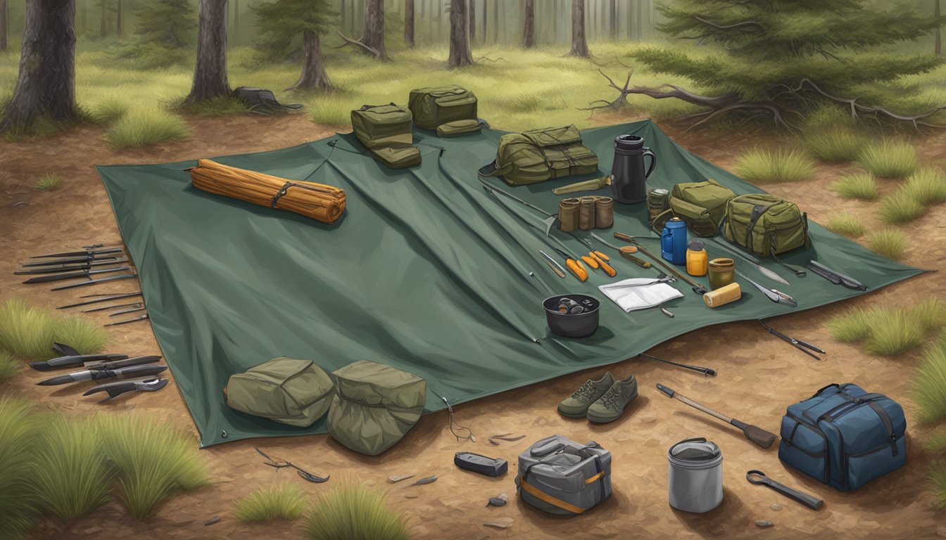 A field dressing tarp laid out on the ground surrounded by hunting gear and tools