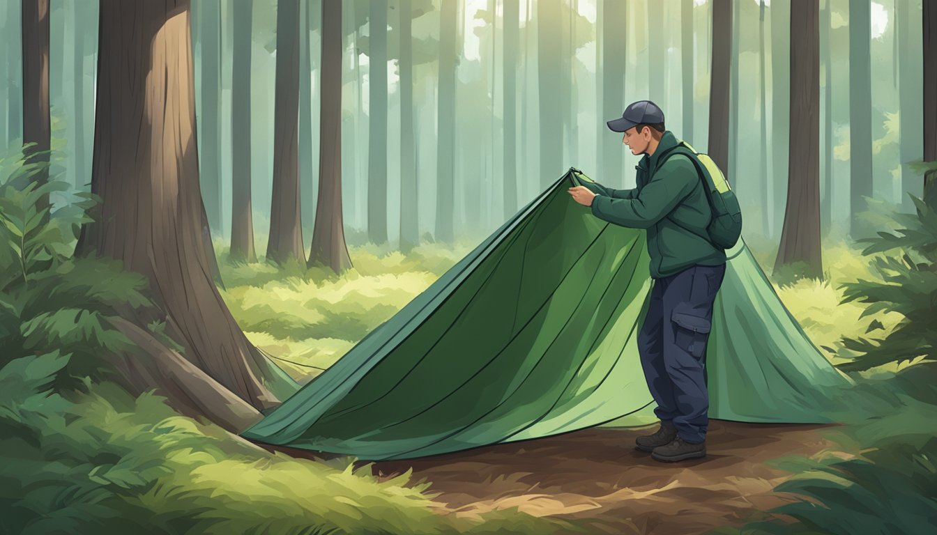 A person unfolds a durable, waterproof tarp in a forest clearing