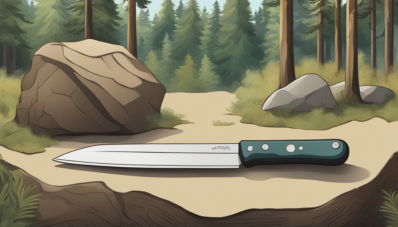 A field dressing scalpel being used to cut through animal hide and tissue, surrounded by a forest backdrop