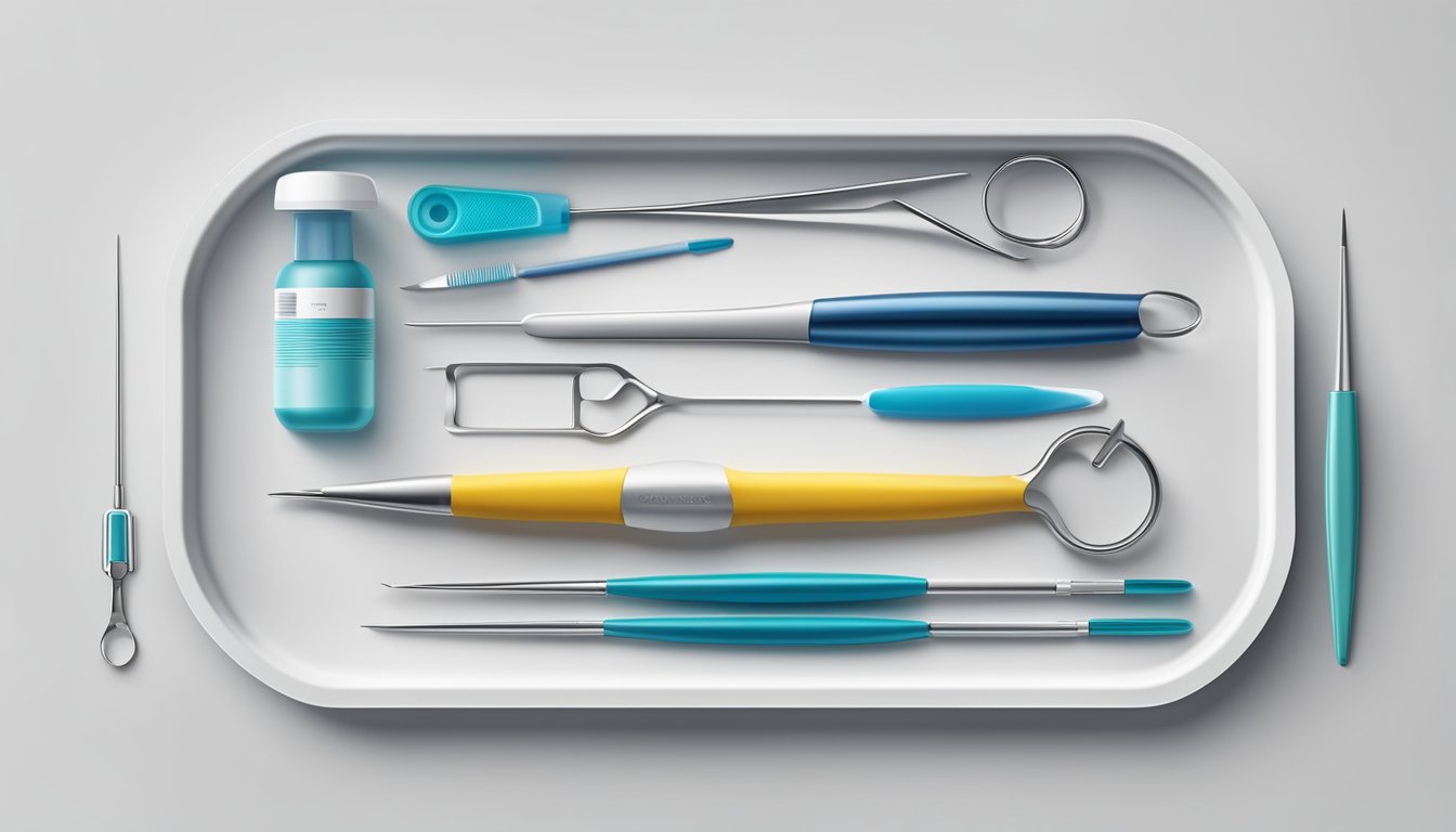 A field dressing scalpel lies on a clean, white medical tray, surrounded by sterile packaging and other surgical instruments