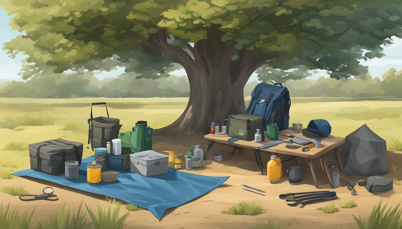 A field dressing tarp is spread out on the ground, surrounded by various tools and supplies. A small table holds additional equipment, while a nearby tree provides shade