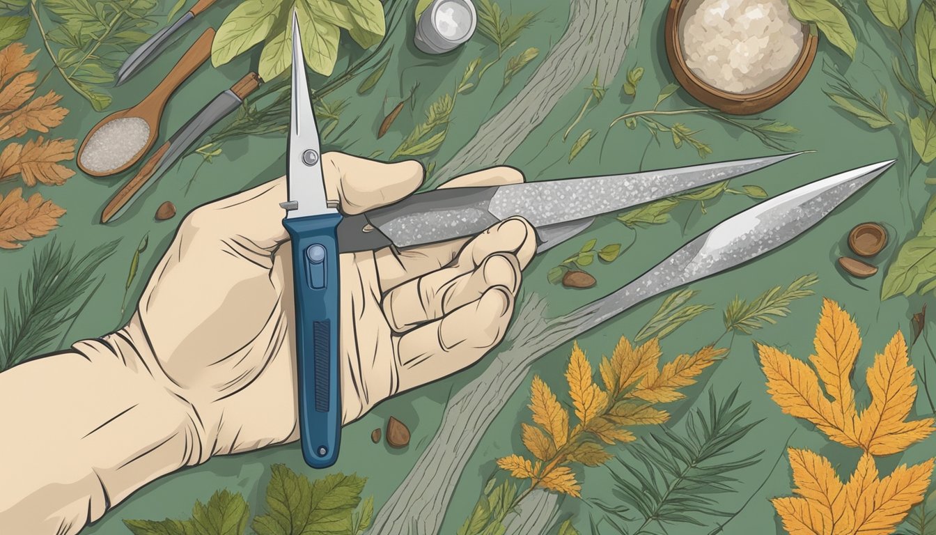 A hand holding a scalpel with a textured grip, surrounded by various field dressing materials and a backdrop of outdoor foliage