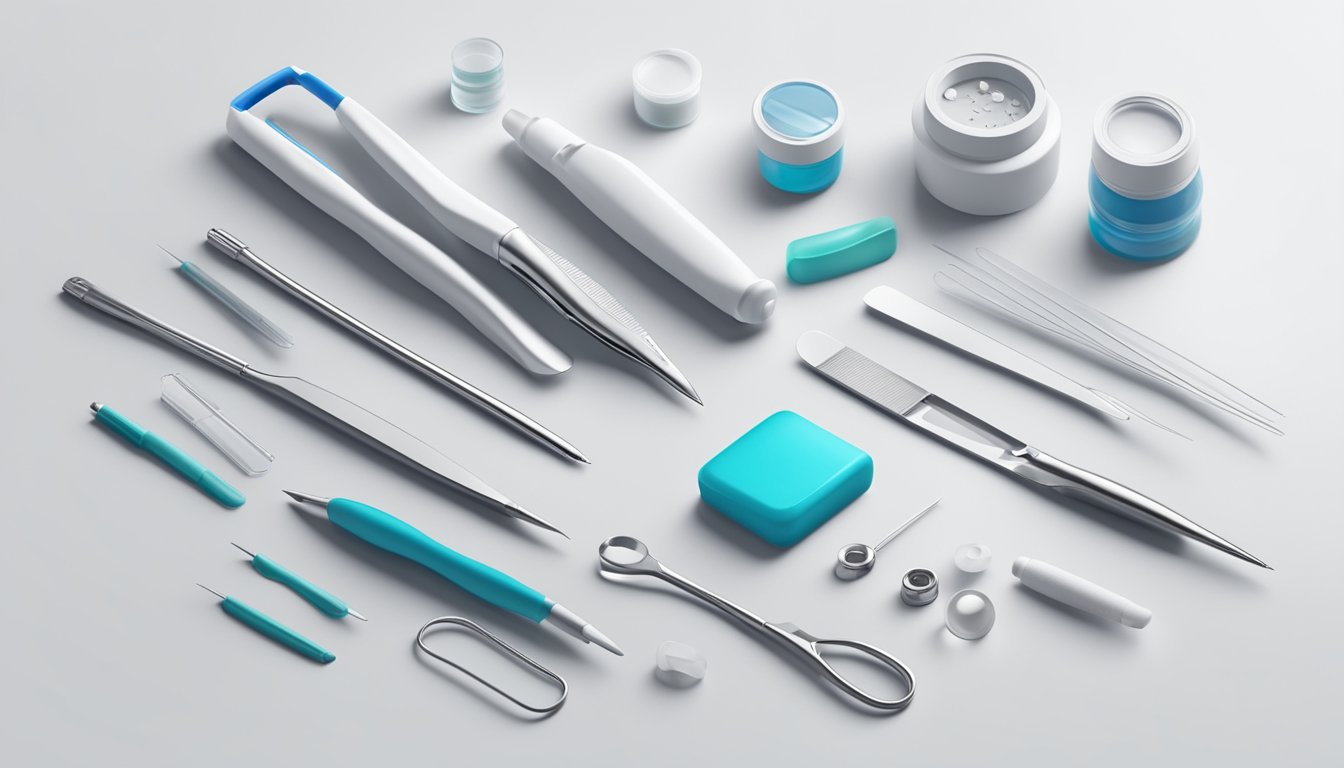 A sterile field with a scalpel and various medical accessories laid out on a clean, white surface