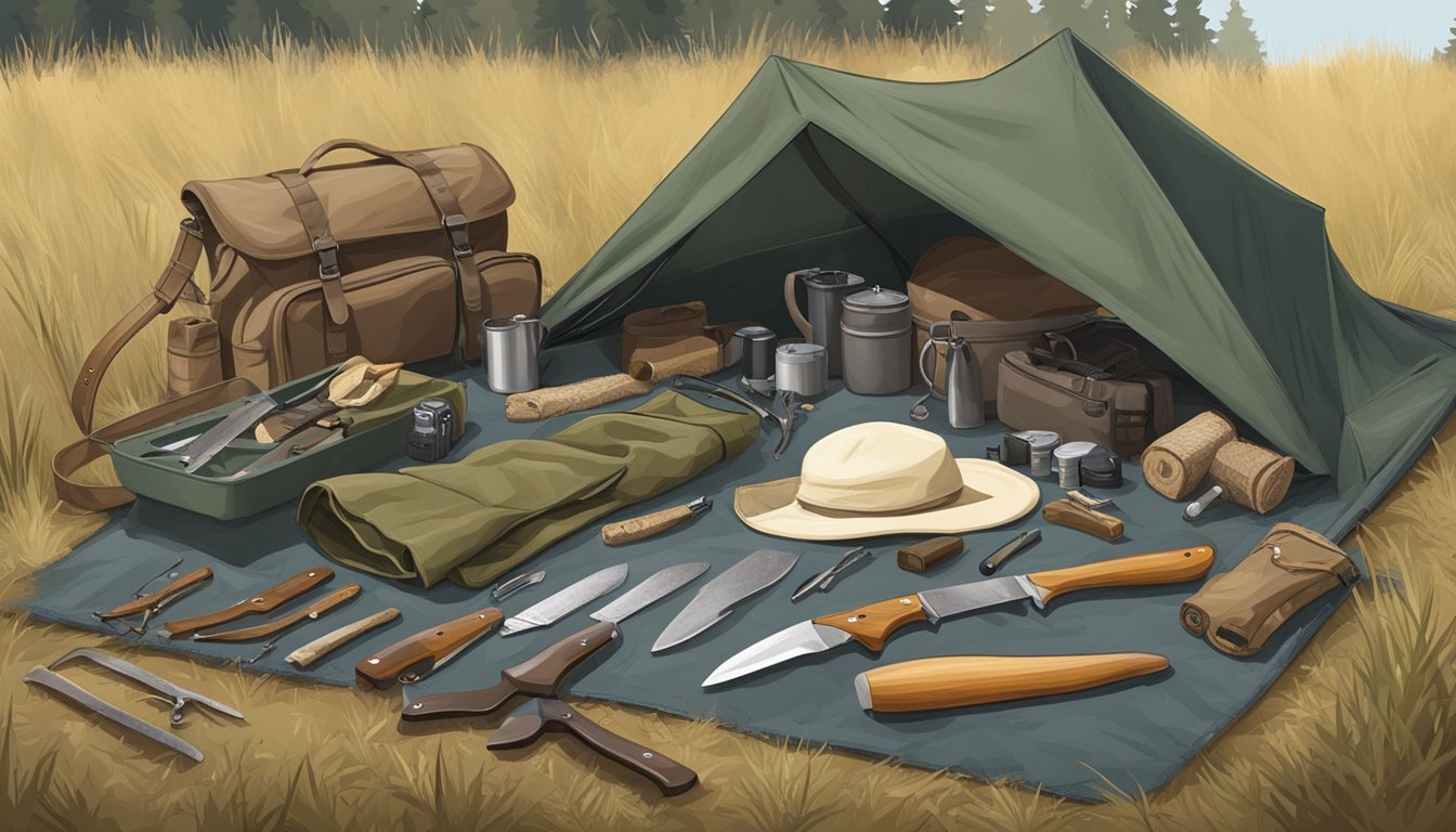 A hunting scene with a field dressing tarp laid out on the ground, surrounded by essential accessories such as knives, gloves, and a bone saw