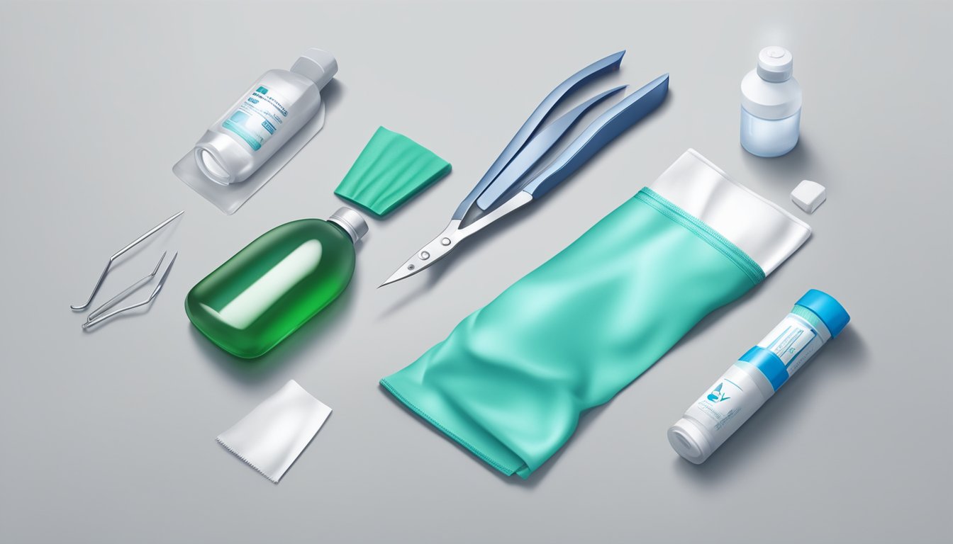 A scalpel laid out on a clean, white cloth next to a small bottle of antiseptic solution and a pair of sterile gloves