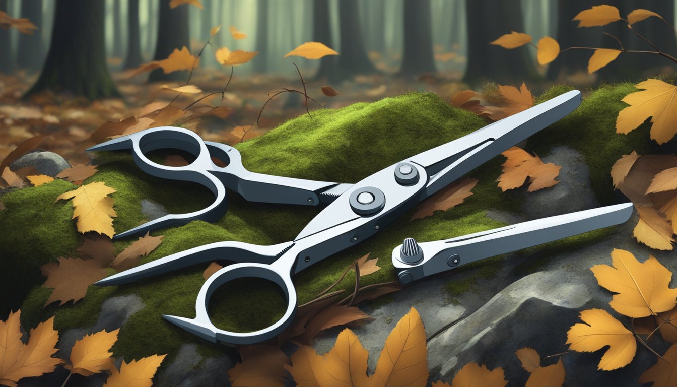 A pair of field dressing shears lies on a mossy rock surrounded by fallen leaves and small twigs in a dense forest clearing