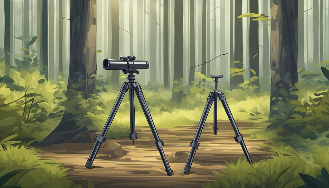 A sturdy field dressing tripod set up in a forest clearing with adjustable legs and a hanging hook for holding game