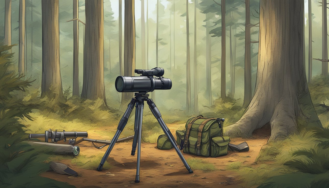 A sturdy tripod stands in a forest clearing, surrounded by hunting gear and a freshly harvested animal