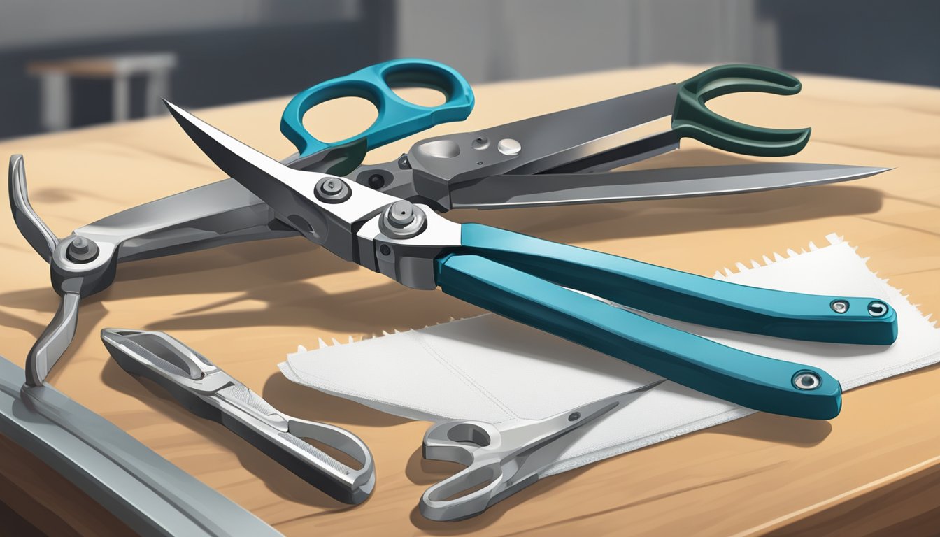 A pair of safety and maintenance field dressing shears lying on a clean, well-lit workbench