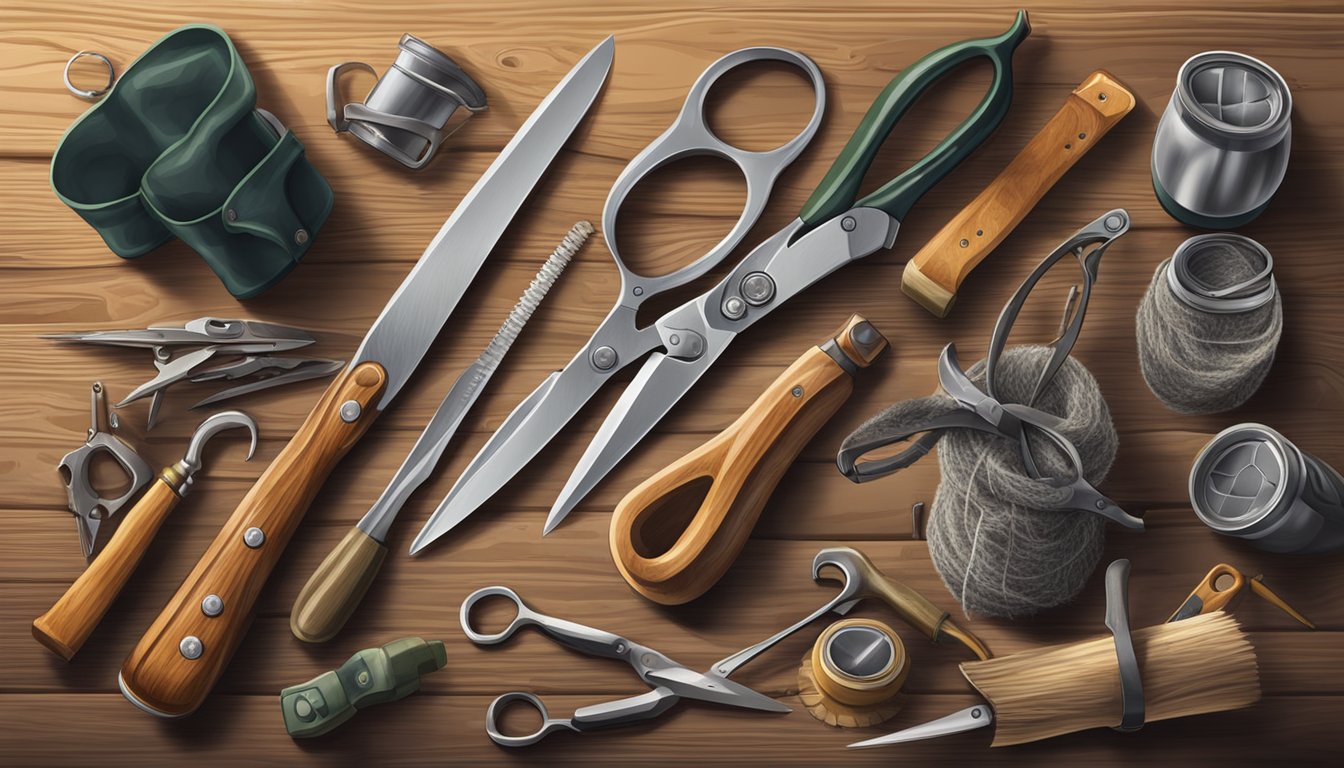 A hand holding a pair of field dressing shears, surrounded by various hunting gear and tools on a wooden table