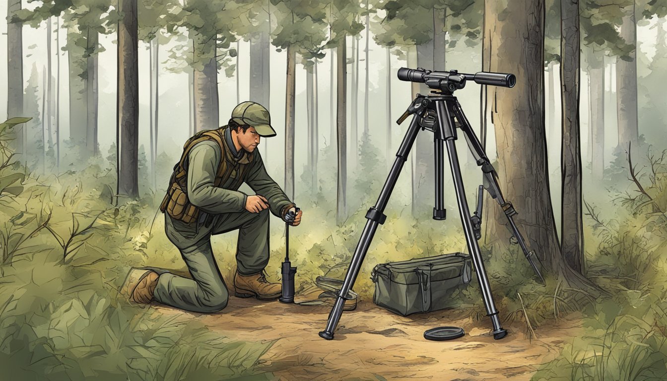 A hunter setting up a field dressing tripod in a wooded area