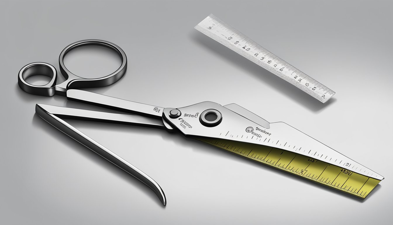 A pair of field dressing shears lying on a clean, white surface, with a ruler placed next to them for scale