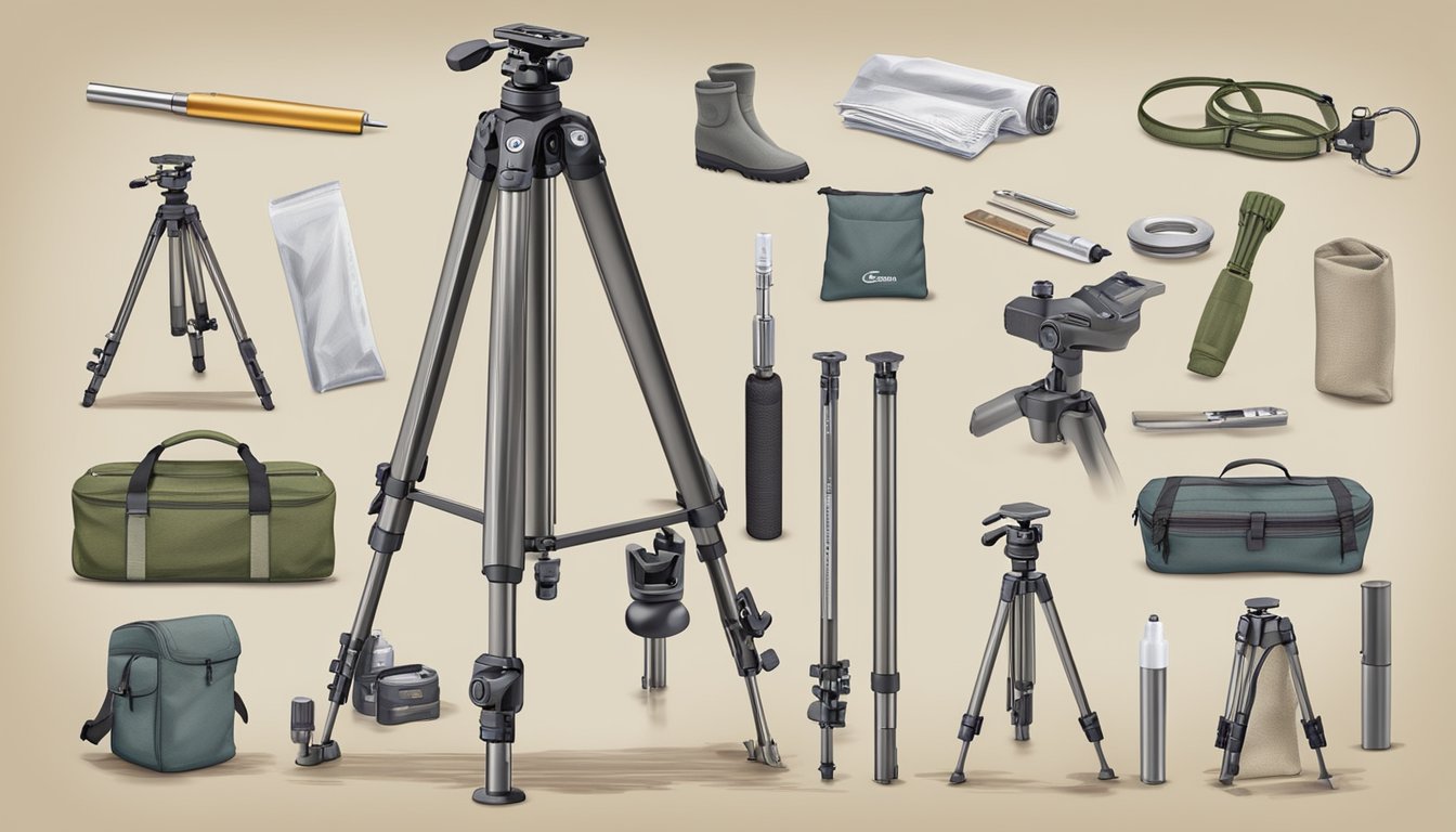 A sturdy field dressing tripod holds various brand and product recommendations in a natural outdoor setting