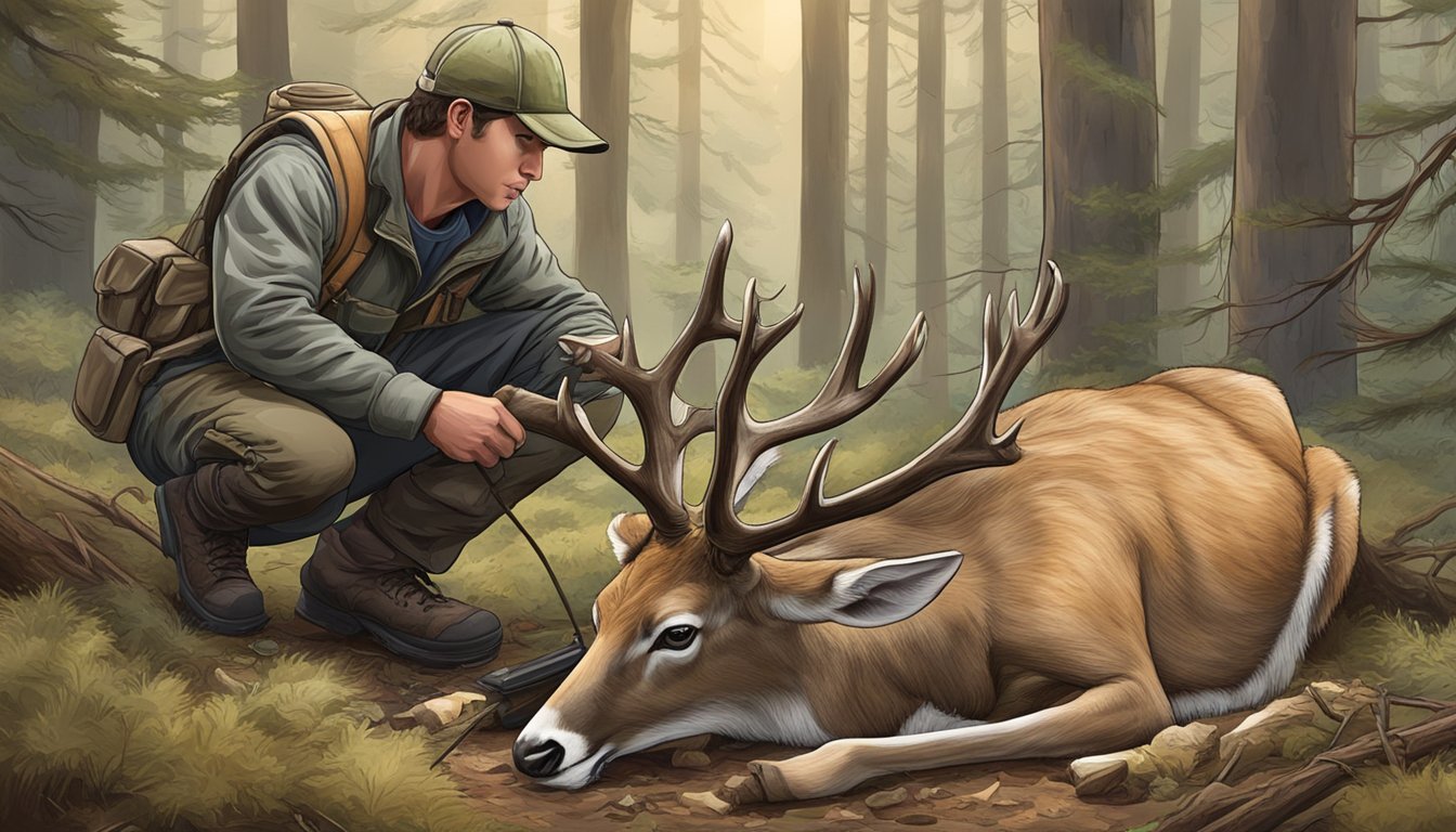 A hunter kneeling beside a freshly harvested deer, carefully removing its organs and preparing the carcass for transport