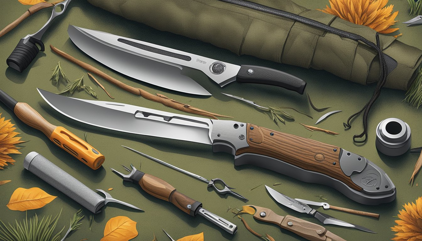 A hunter's hand holds a Gerber Myth knife, surrounded by the field dressing kit's tools and a freshly harvested deer. The knife's sharp blade and ergonomic handle are highlighted in the scene