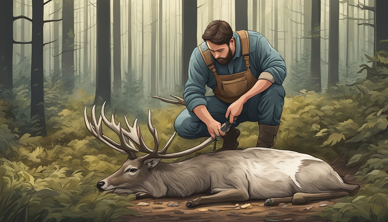 A hunter carefully removes the hide and organs from a deer carcass in a forest clearing