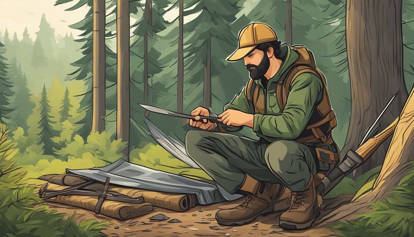 A hunter sharpens a knife, gathers tools, and lays out a tarp in a forest clearing