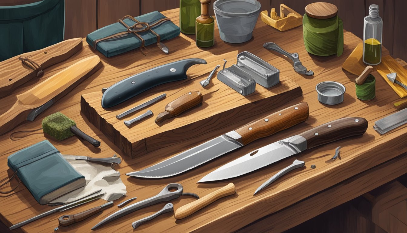 A hunting knife being cleaned and oiled on a wooden workbench, surrounded by various tools and a field dressing guidebook