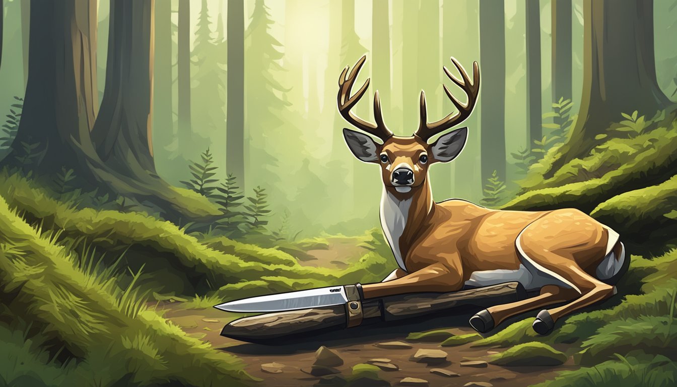 A hunting knife with a wooden handle and a serrated blade lies on a mossy forest floor next to a freshly dressed deer