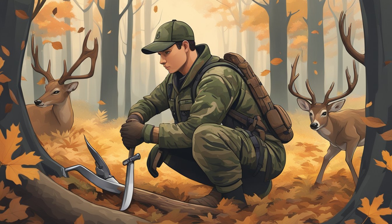 A hunter in camouflage gear crouches beside a freshly harvested deer, carefully removing the entrails with a sharp knife. The forest surrounds them, with fallen leaves and branches scattered on the ground