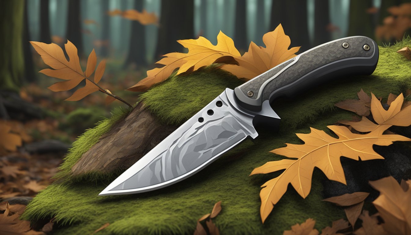 A hunting knife with a curved blade and textured handle lies on a mossy forest floor, surrounded by fallen leaves and twigs