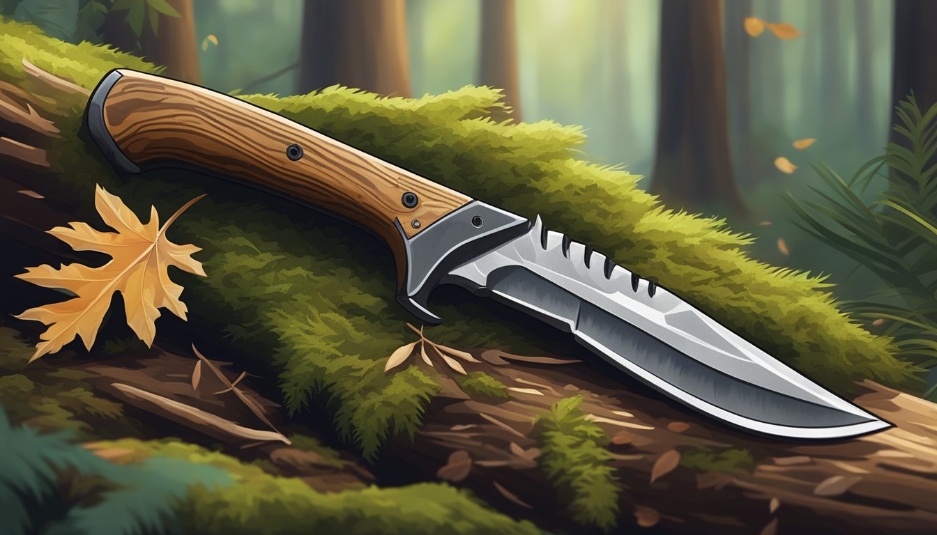 A hunting knife lies on a moss-covered log, surrounded by scattered leaves and pine needles in a dense forest clearing