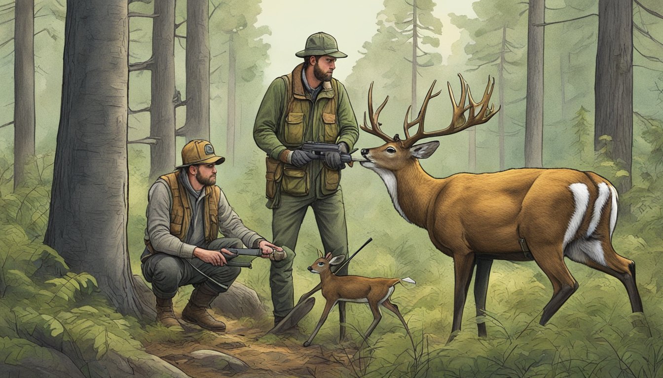 A hunter expertly field dresses a deer in the woods, while another attempts a DIY method nearby