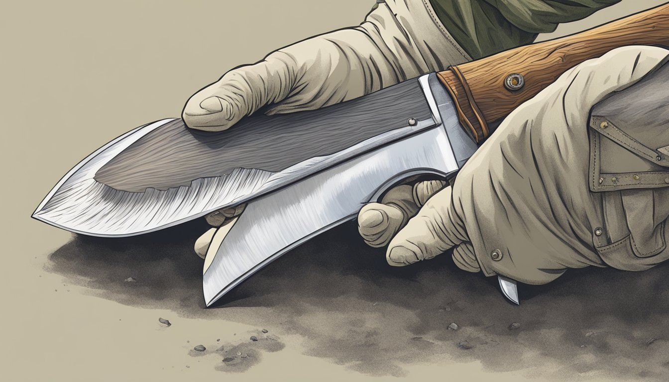 A hunter's hand using a sharp, curved blade to cleanly remove the hide from an elk carcass