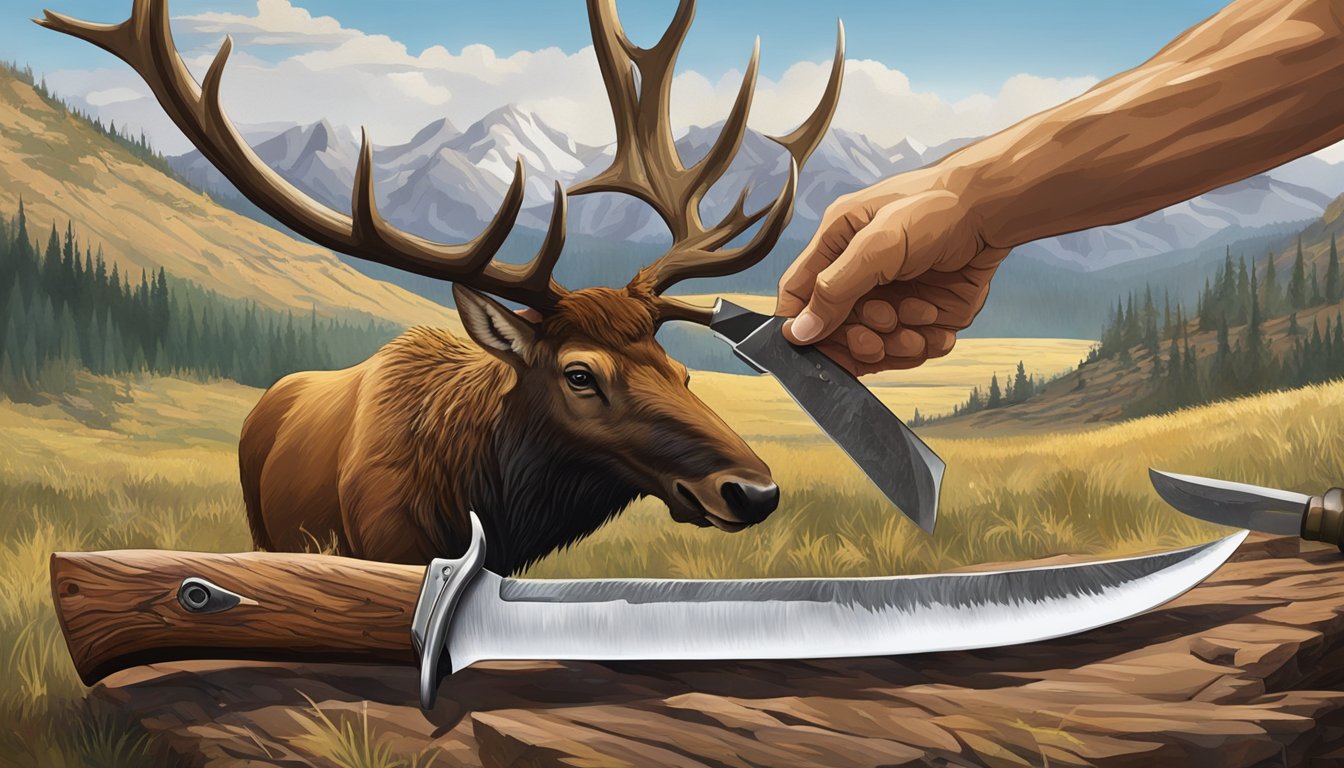 An elk hunter's knife slicing through the skin and flesh of a freshly harvested elk, with a backdrop of rugged wilderness