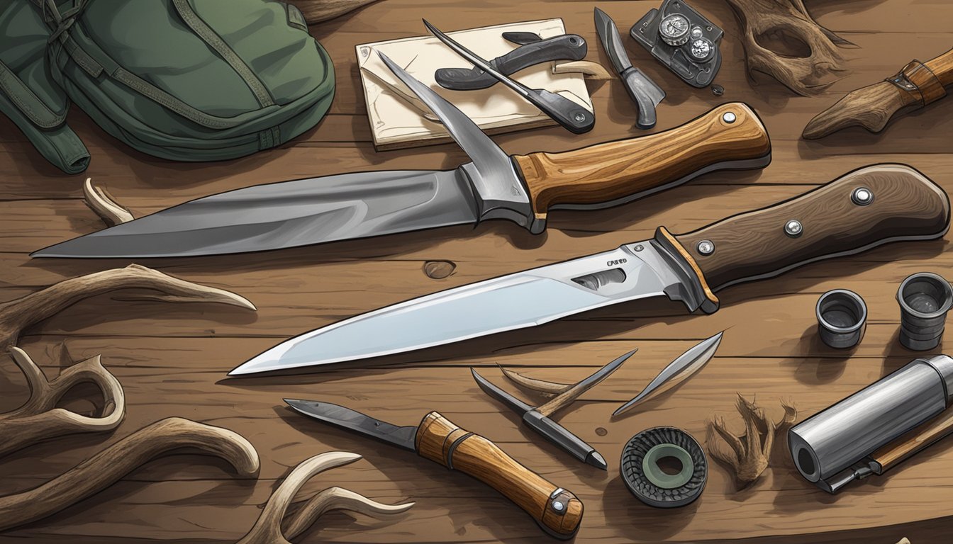 A hunting knife being cleaned and sharpened on a wooden workbench, surrounded by elk antlers and hunting gear