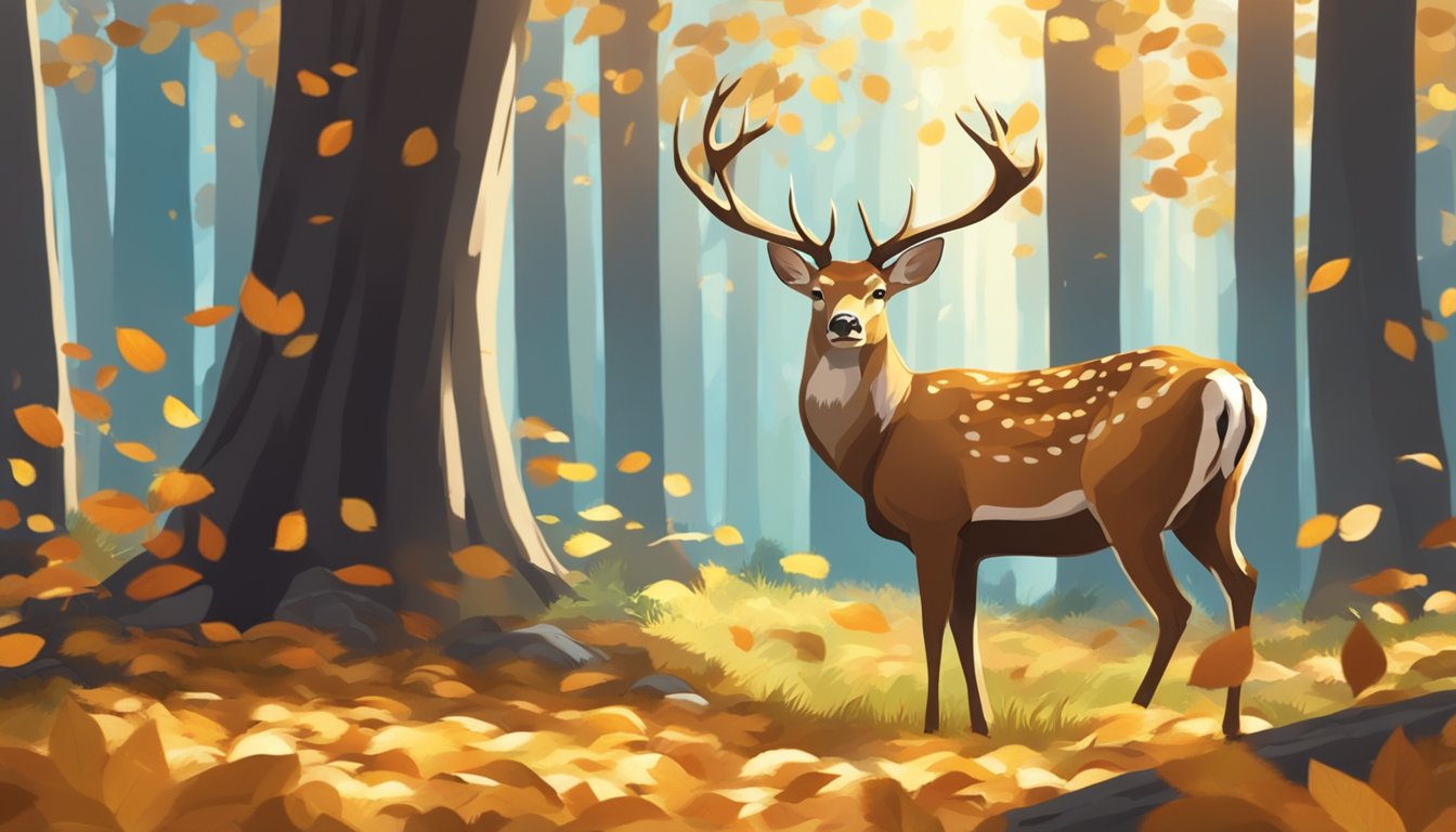 A deer lies in a forest clearing, surrounded by fallen leaves and dappled sunlight. The sun is low in the sky, indicating the passing of time