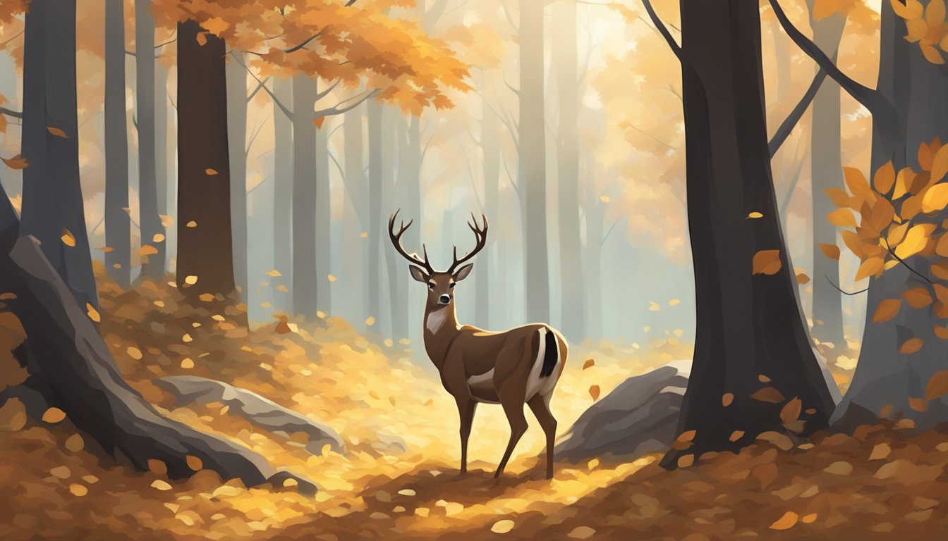 A deer lies motionless in a forest clearing, surrounded by fallen leaves and dappled sunlight. The air is still, and the only sound is the distant call of a bird