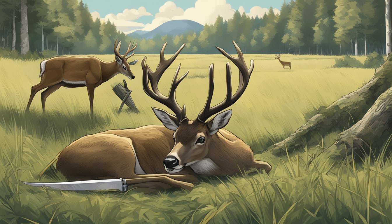 A deer lying on its side in a grassy field, surrounded by trees, with a hunter approaching with a knife and field dressing tools