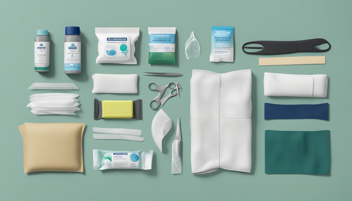 The LEM Field Dressing Kit components laid out on a clean, flat surface, including bandages, gauze, scissors, and antiseptic wipes