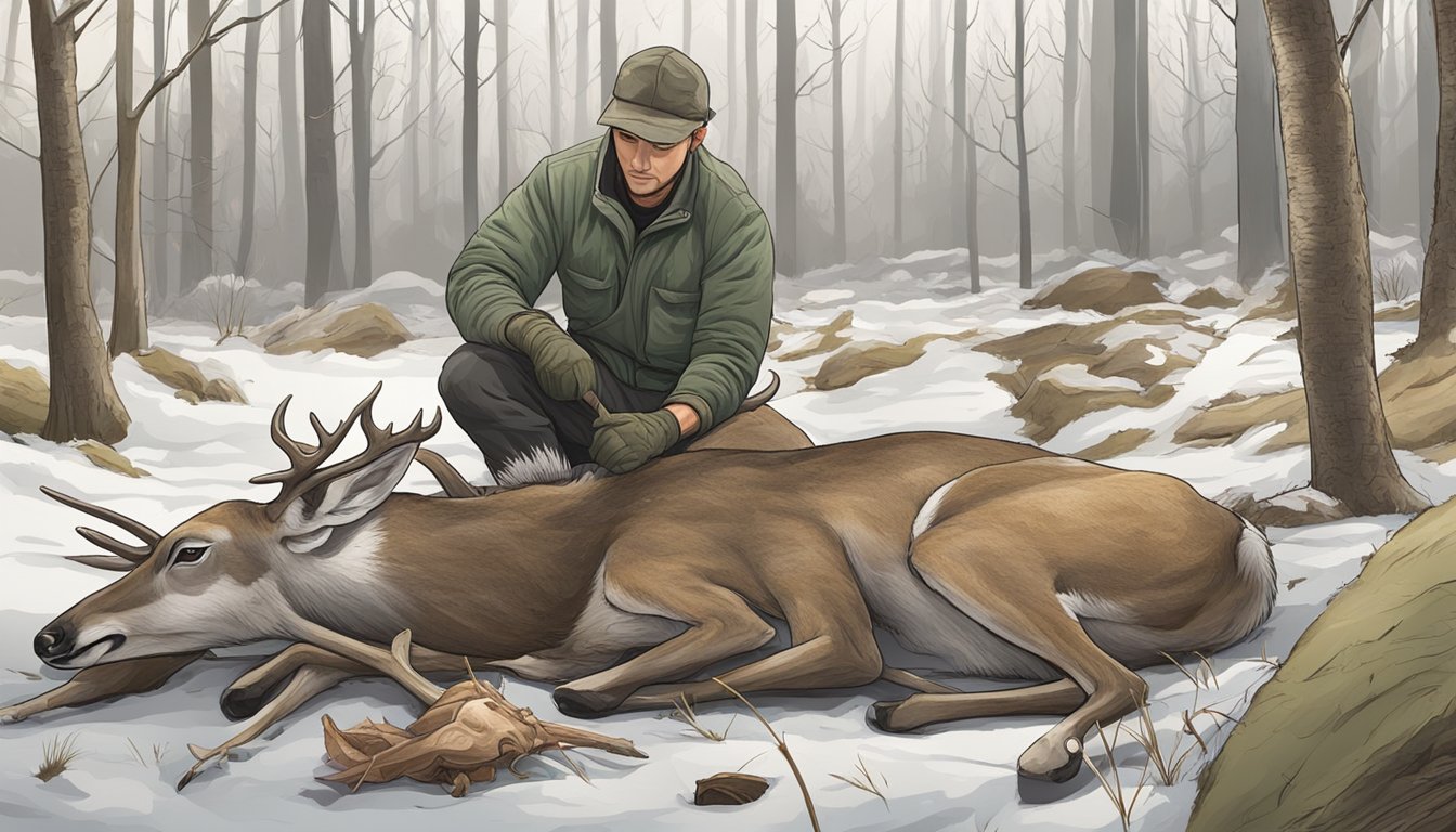 A deer carcass lying on the ground, with the hunter using gloves and a clean, flat surface to carefully remove the internal organs without contaminating them with feces