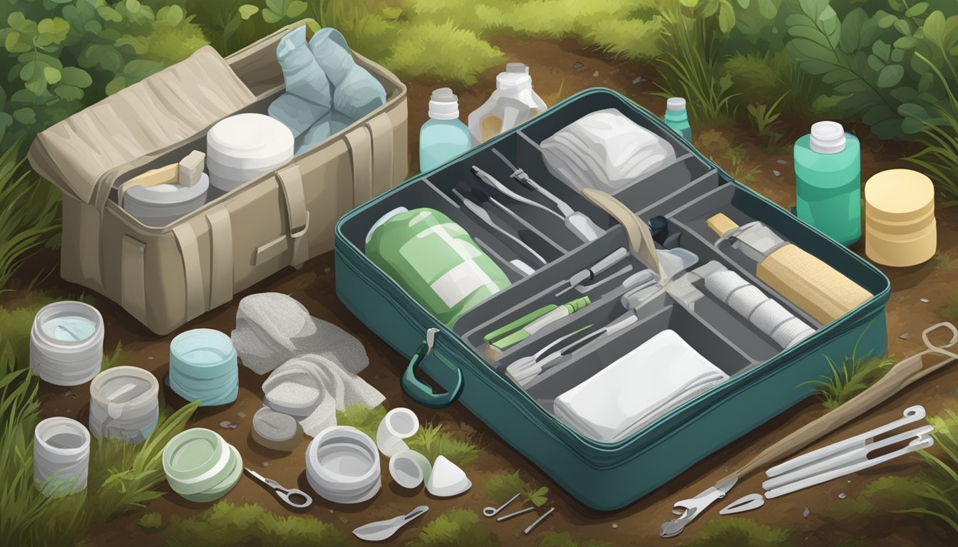 A clean, well-organized field dressing kit with sterile tools and bandages on a forest floor