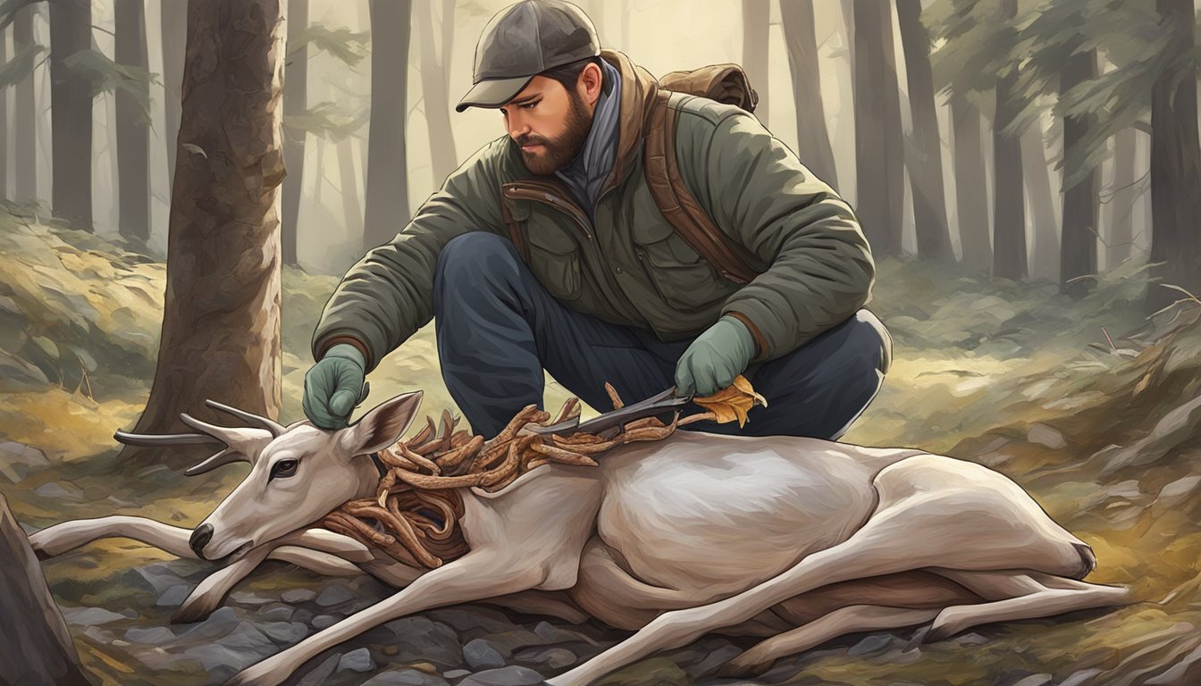 A hunter using gloves and carefully removing the intestines from a deer carcass, avoiding contact with feces