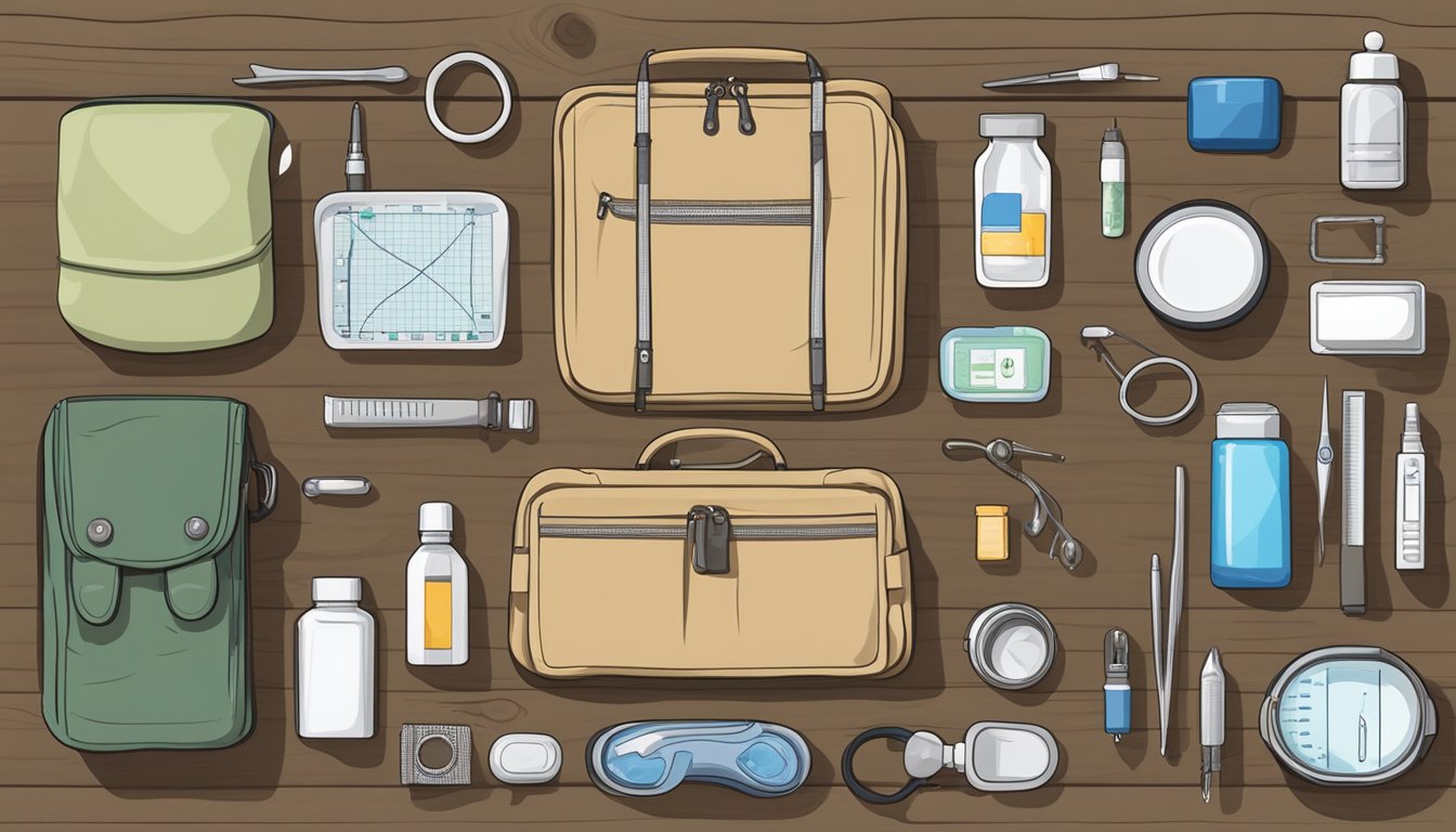 A field dressing kit laid out on a wooden surface, surrounded by various medical supplies and accessories