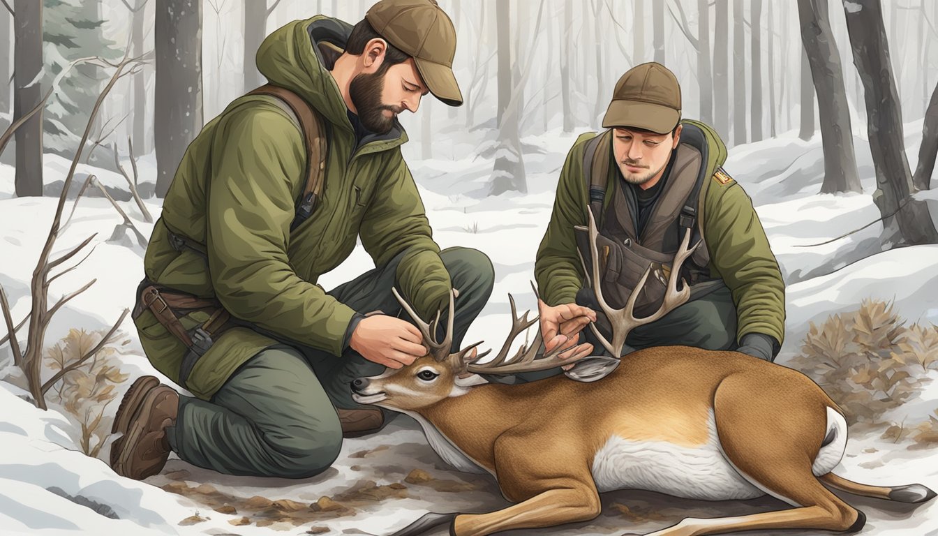 A hunter carefully removes the intestines from a deer, ensuring they do not come into contact with the feces inside the body cavity