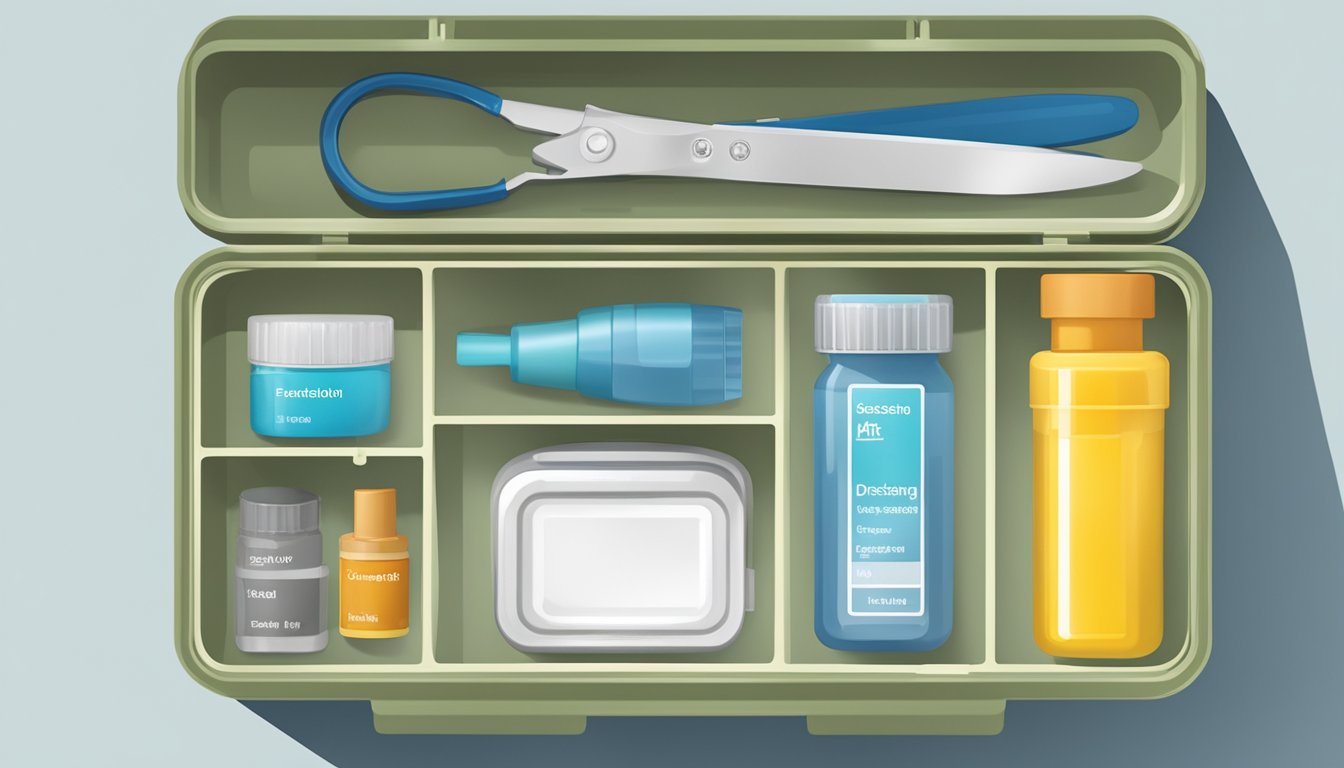 A field dressing kit stored in a clean, organized container with labeled compartments and a secure closure