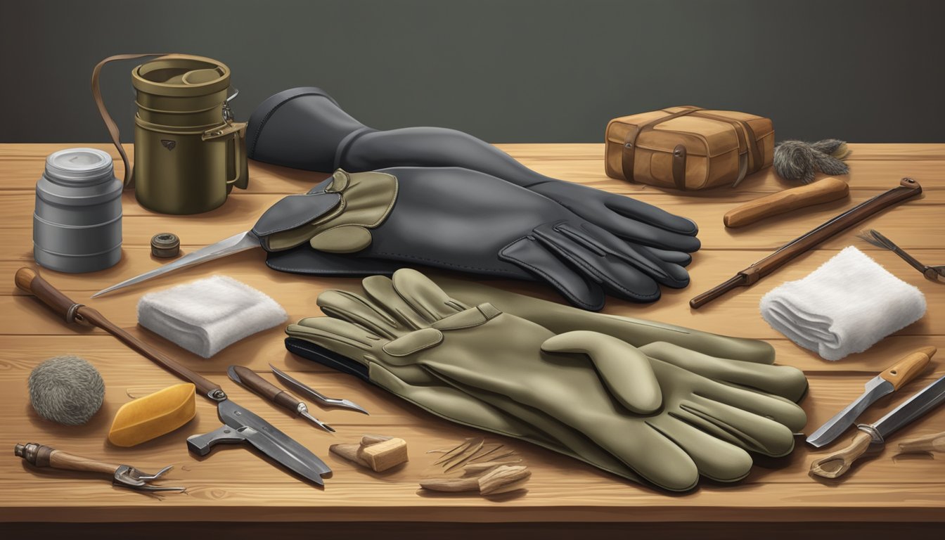 A pair of long field dressing gloves laid out on a wooden table, surrounded by various types of hunting and field dressing equipment