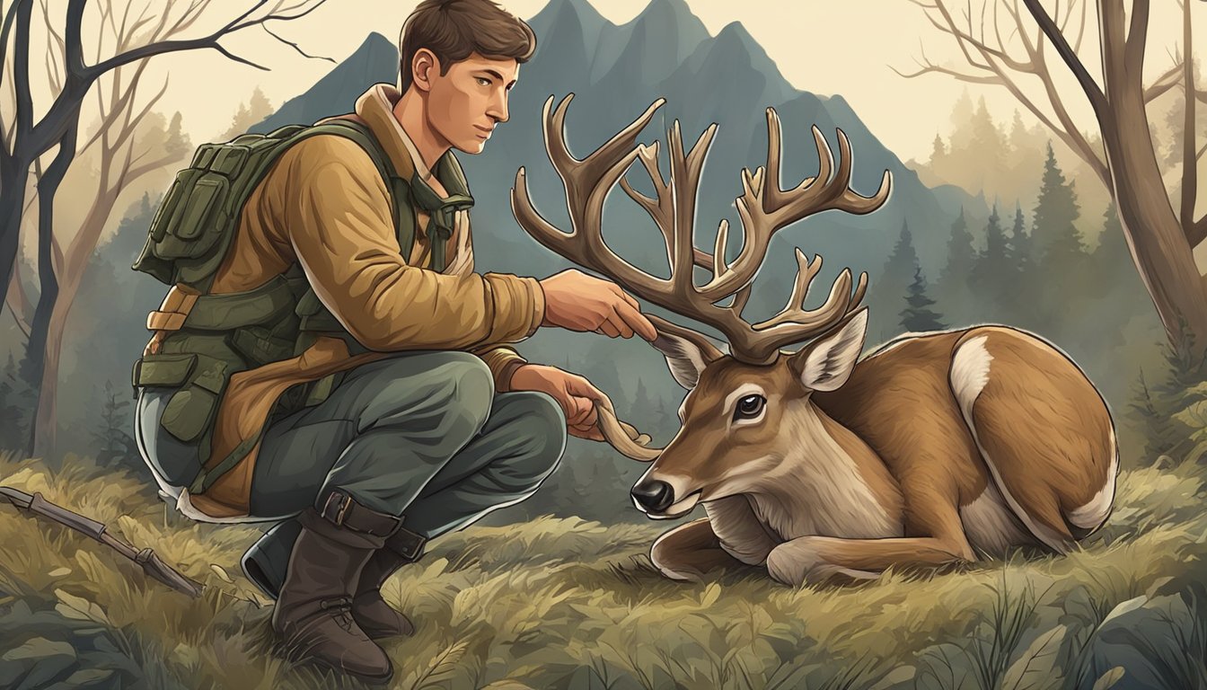 A hunter carefully removes the intestines from a deer, being cautious to avoid any contact with the feces inside the animal's body